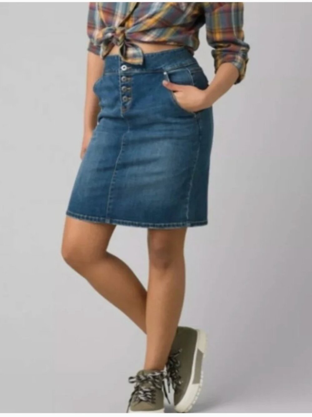 Prana Aubrey Denim Skirt Size 6 Organic Cotton Button Front Stretch Jean Skirt